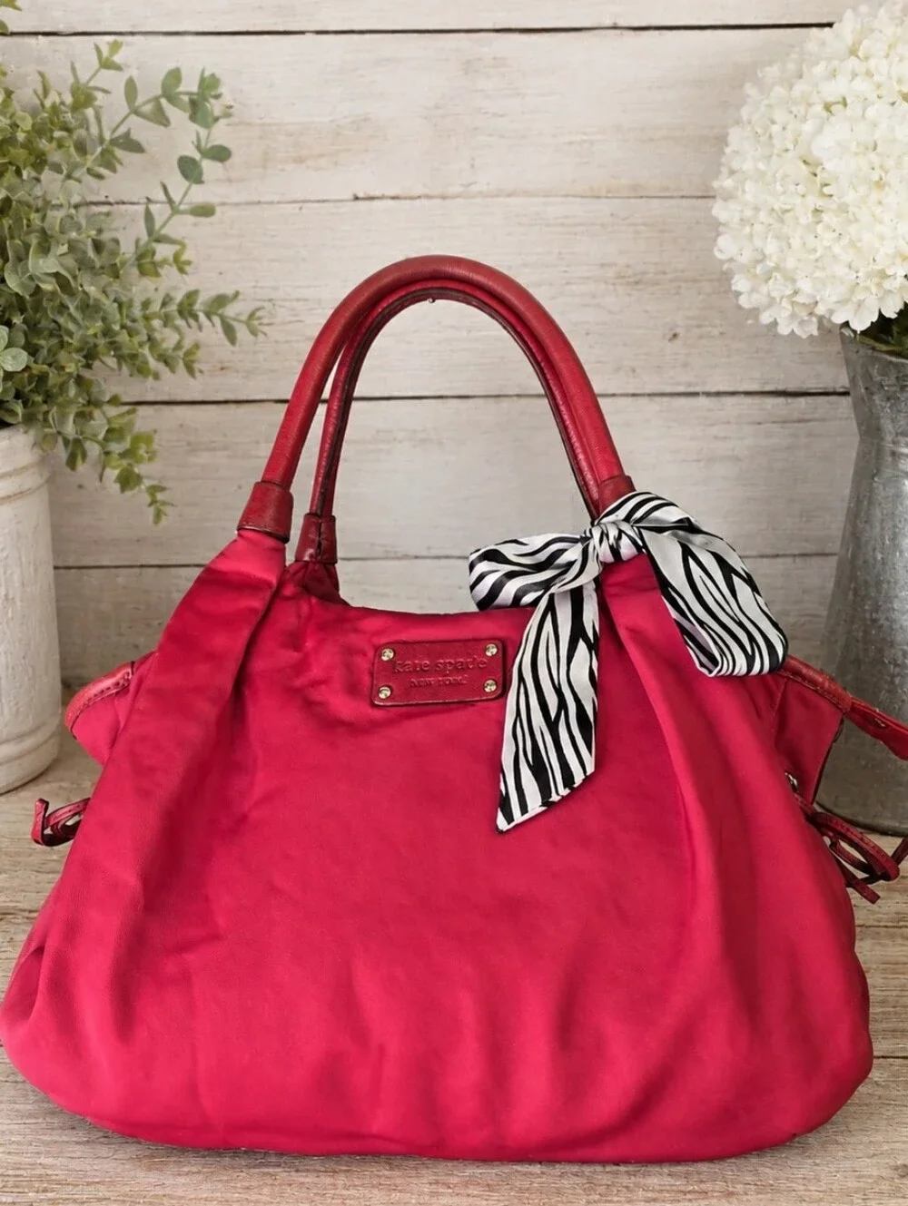 Kate Spade Red Nylon Leather Large Satchel Tote Zebra Scarf